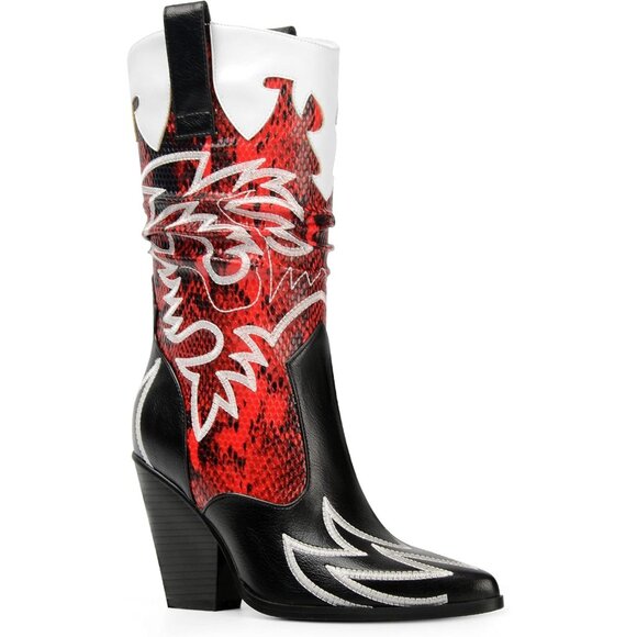 ⚡Women's Black Red Boots Cowgirl Mid Calf Knee-high Boots Contrast Embroidery - Picture 1 of 7